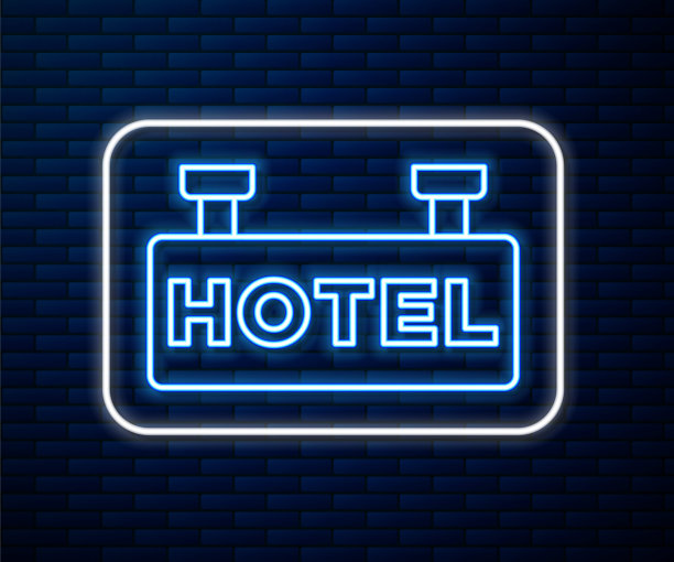霓虹灯线户外广告招牌与文字酒店图标孤立在砖墙背景。向量图片下载