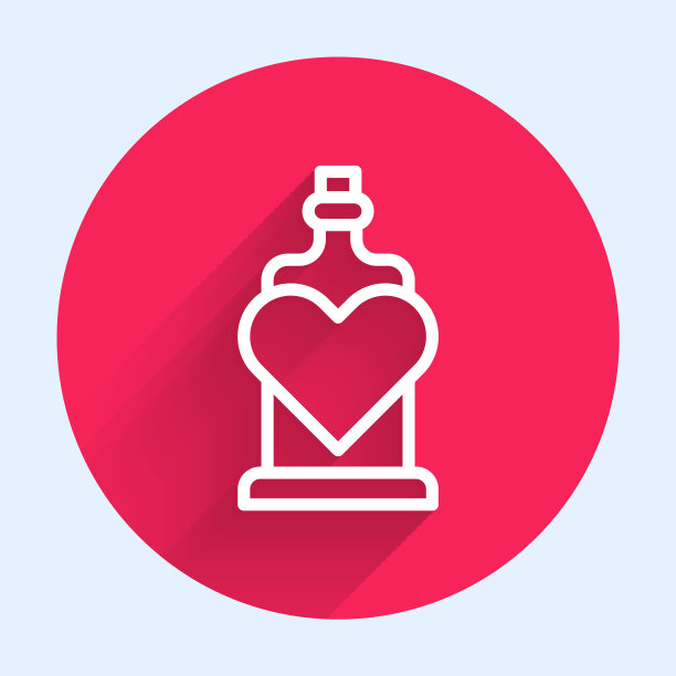 白色线瓶与爱情药水图标孤立与长影子。情人节的象征。红色圆圈按钮。向量图片下载
