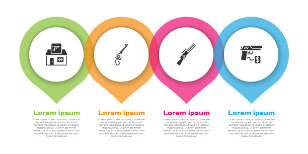 设置狩猎商店武器，左轮手枪，和购买手枪。业务信息模板。向量图片下载