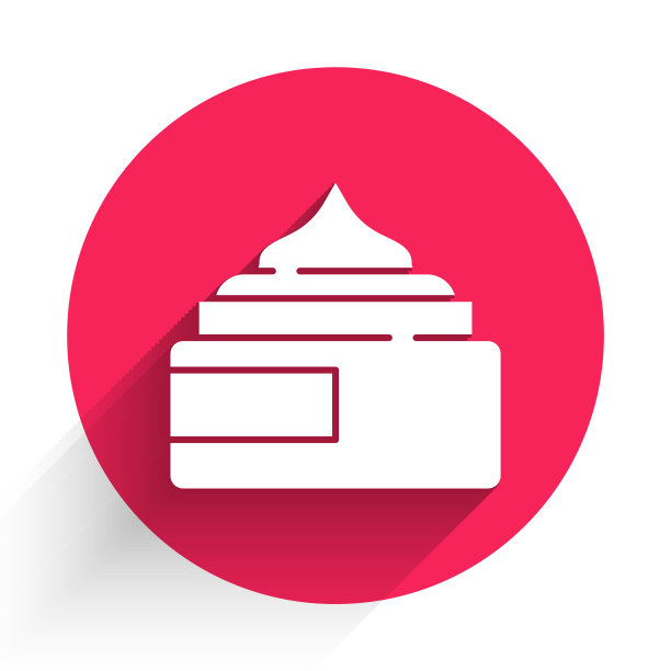 白色乳霜或乳液化妆品管图标孤立与长阴影。女性身体护理产品。红色圆圈按钮。向量图片下载