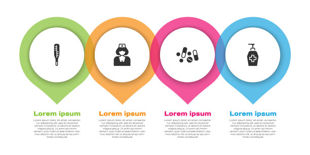 设置医疗体温计，护士，药物药片或片和液体抗菌肥皂。业务信息模板。向量图片下载