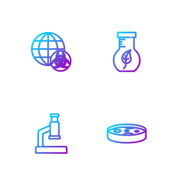 设细菌培养皿、显微镜、GMO、试管和烧瓶。渐变颜色图标。向量图片下载