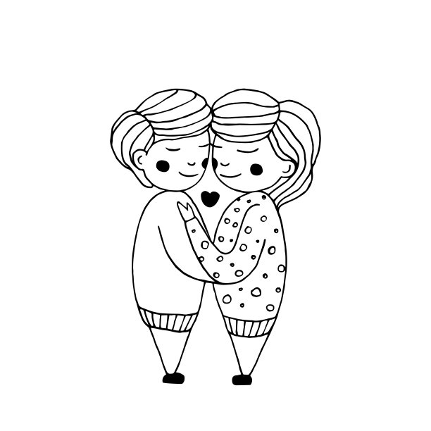 复古横幅纪念日心形夫妇拥抱。爱家庭黑白线插图。向量卡通的明信片。图片下载