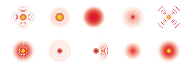 疼痛的红色圆圈或疼痛定位图标。一组身体疼痛的斑点。人体不同部位的疼痛图片下载