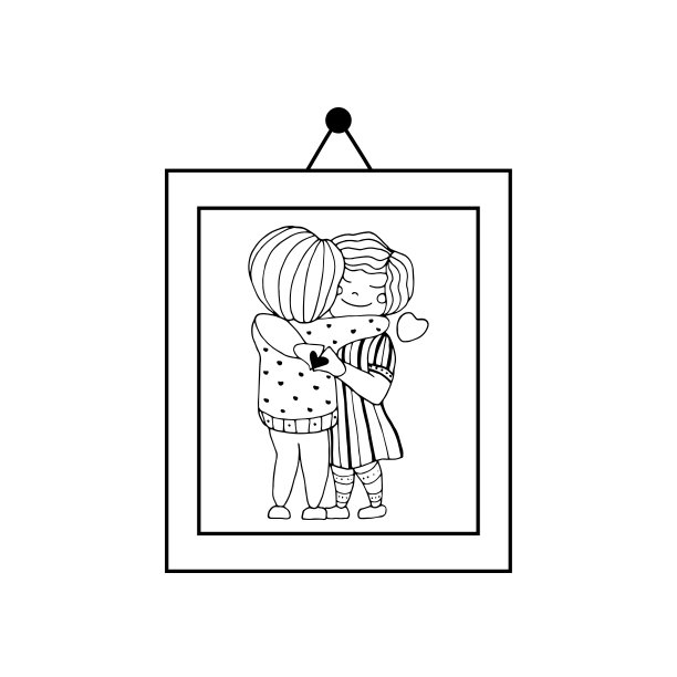 相框里的情侣家庭照片。舒适的相框在内部。一对照片在墙上，线隔离在白色背景。浪漫的卡通载体。图片下载
