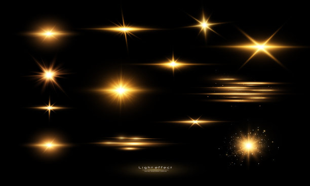 金色的星星孤立在黑色的背景上。效果，眩光，线条，闪光，爆炸，金色的光。矢量图图片下载