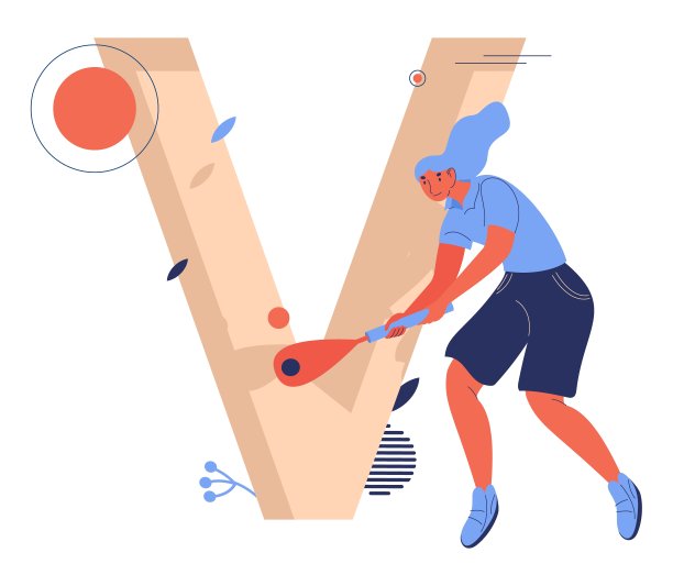 概念运动字母V代表vigoro。女人笑着拿着球拍玩图片下载