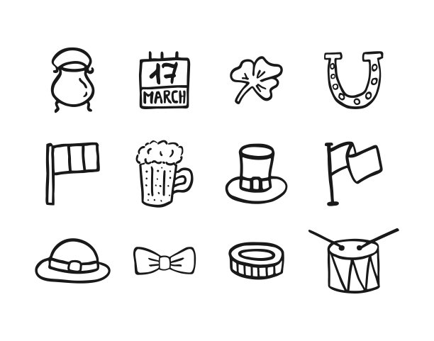 一组矢量图标为圣帕特里克节。在白色背景上手绘孤立的图片。3月17日庆祝。苜蓿，啤酒，爱尔兰国旗，硬币，鼓，水壶，帽子，小妖精的物品图片下载