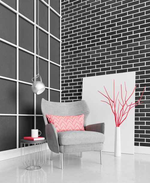 模拟客厅与灰色砖墙和现代家具，最小的室内设计，3d渲染图片下载
