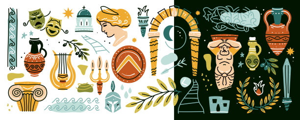 古希腊元素集。各种古董物品图片下载