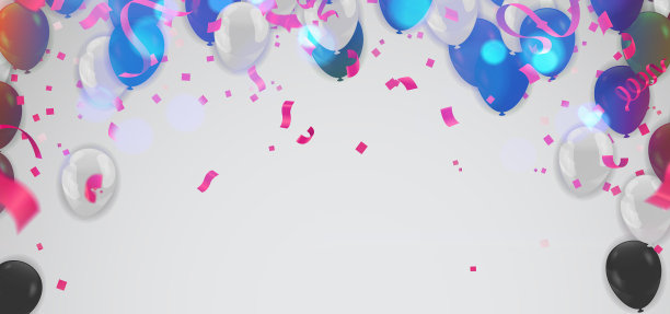 蓝色丝带，白色丝带上点缀着五彩纸屑图片下载