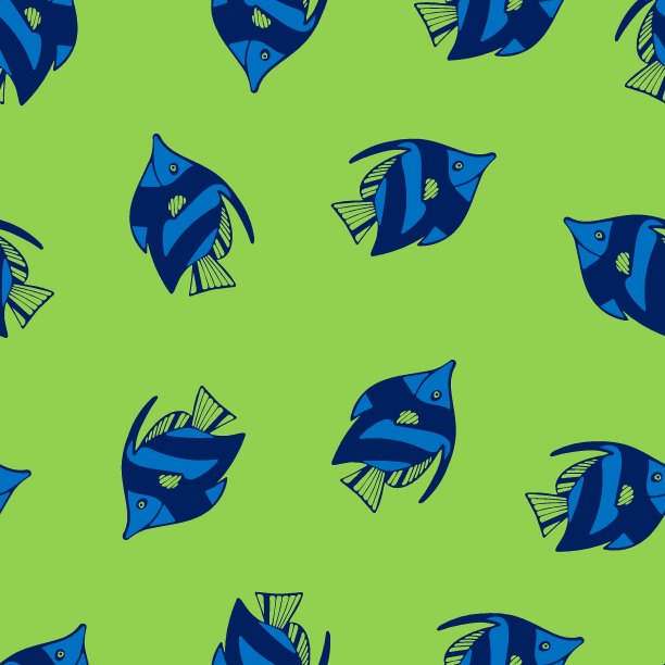 无缝模式与蓝色和绿色的鱼在绿色的背景。图片下载