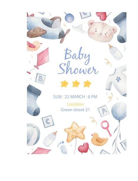 邀请模板为一个儿童的聚会，婴儿淋浴，儿童的东西为一个婴儿，汽车，袜子，球，球，衣服，奶嘴，奶瓶，围嘴图片下载