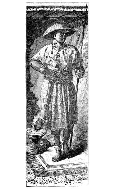 印度尼西亚爪哇岛贵族的手持长矛的士兵或保镖。亚洲历史与文化。古董插图。19世纪图片下载