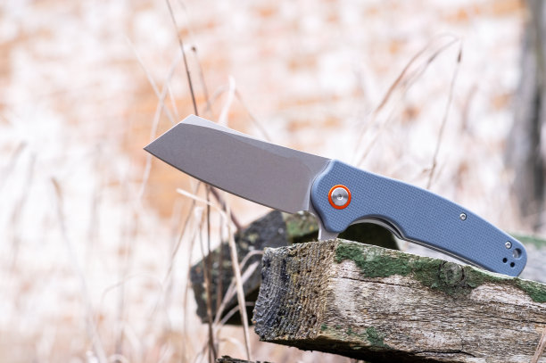 用tanto刀片的刀。在圆木边缘干草的背景上放着一把刀。这是一把刀在野外的照片。图片下载