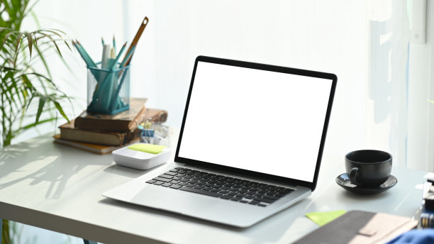 自由职业者的工作场所，电脑，笔记本，咖啡杯和植物在白色的桌子上。图片下载