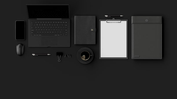 黑色办公桌平放俯视图。图片下载