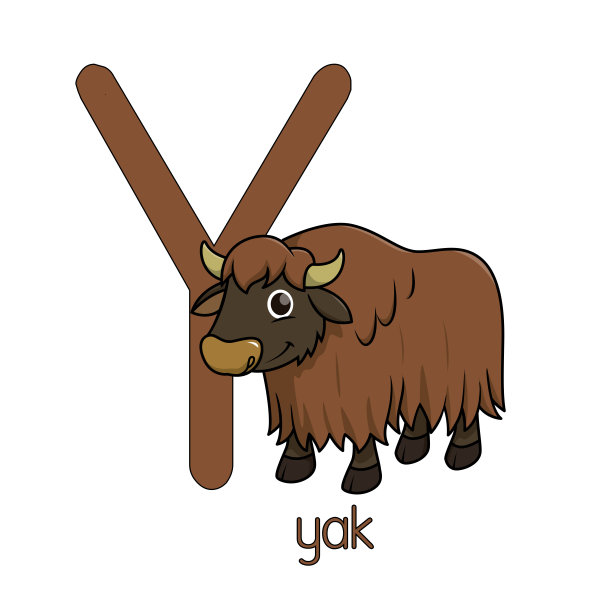 矢量插图的牦牛站孤立的白色背景。用大写字母Y作为教材，让孩子了解英文字母。图片下载
