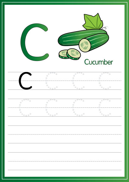 白色背景下黄瓜分离株的向量图解。用大写字母C作为教学和学习媒体，供儿童识别英文字母或供儿童学习写字母用于在家里和学校学习。图片下载