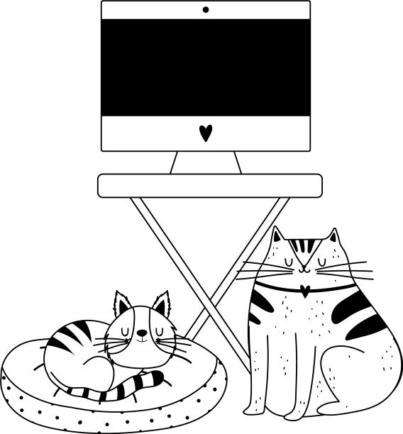 工作空间监视桌子上的电脑和猫图片下载