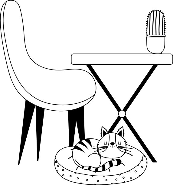 工作椅，桌子，仙人掌和猫在里面图片下载