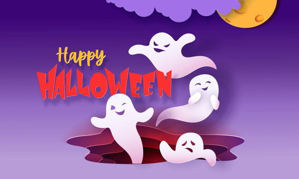 万圣节快乐的横幅，上面有幽灵在纸里飞舞图片下载