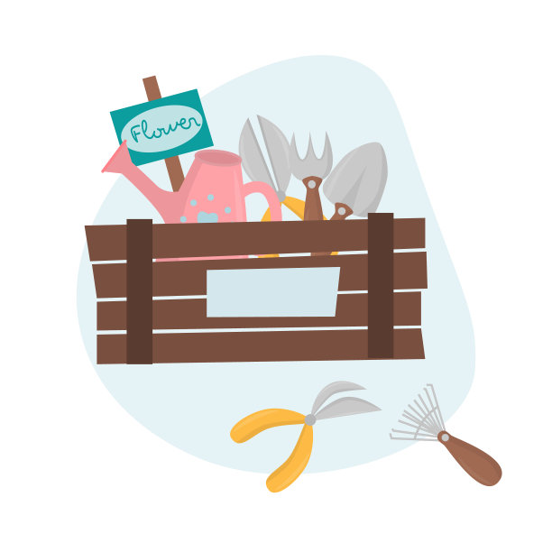 可爱的园艺。木板条箱、园艺工具、铭牌和喷壶。春季矢量插图，孤立在白色背景上图片下载