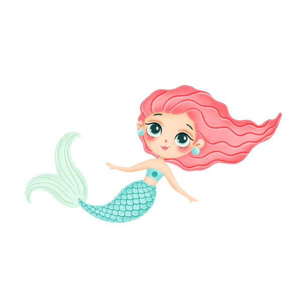 插图可爱的卡通美人鱼与粉红色的头发孤立在白色的背景图片下载