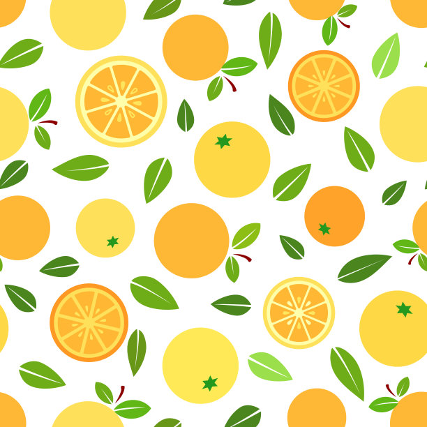 橙色水果，平面矢量插图，充分，切片和叶子，在白色背景无缝模式。图片下载