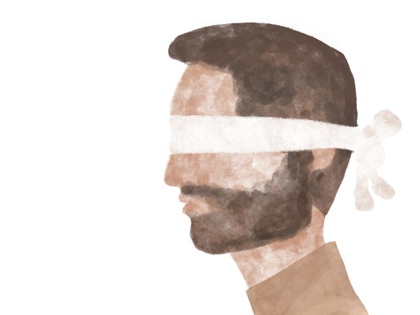 一个蒙着眼睛的男人的侧面图。用秘密来比喻，逃避现实和问题，逃避世界，不愿看到真相图片下载