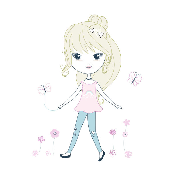 手画美丽，可爱的卷发女孩在外面玩耍。快乐的阳光明媚的日子。向量。图片下载