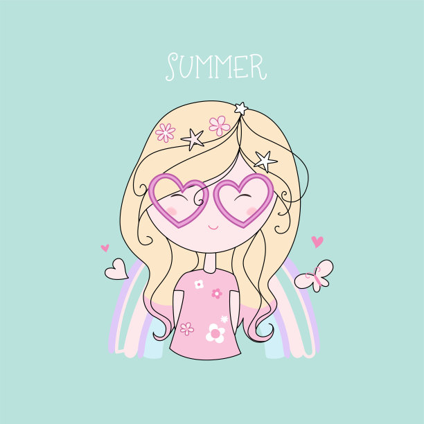 可爱的小女孩戴着心形太阳镜，背景上有彩虹。适合您的设计的时髦卡片或模板。图片下载