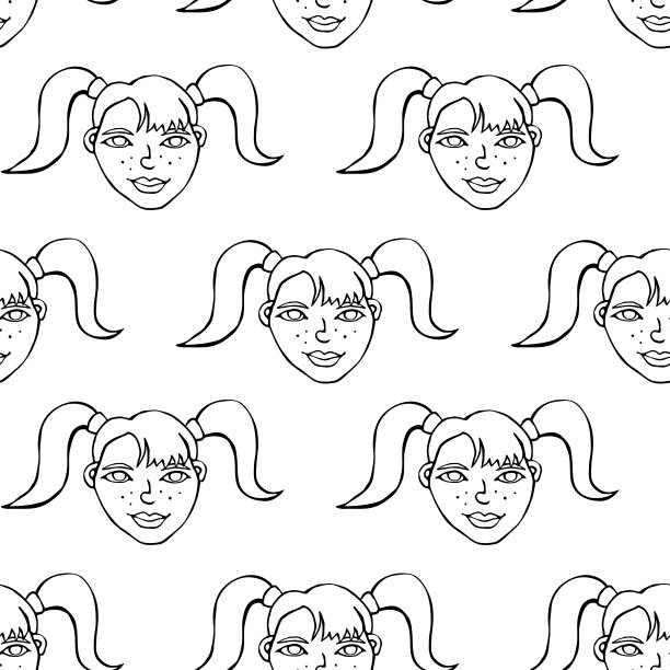 无缝图案与卡通人脸矢量人。手绘线条艺术插图。轮廓涂鸦头的女人，女孩。纹理背景下图片下载