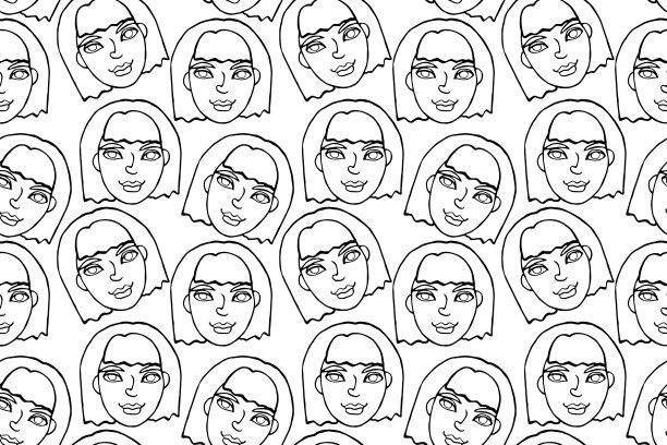 无缝图案与卡通人脸矢量人。手绘线条艺术插图。轮廓涂鸦头的女人，女孩。纹理背景下图片下载