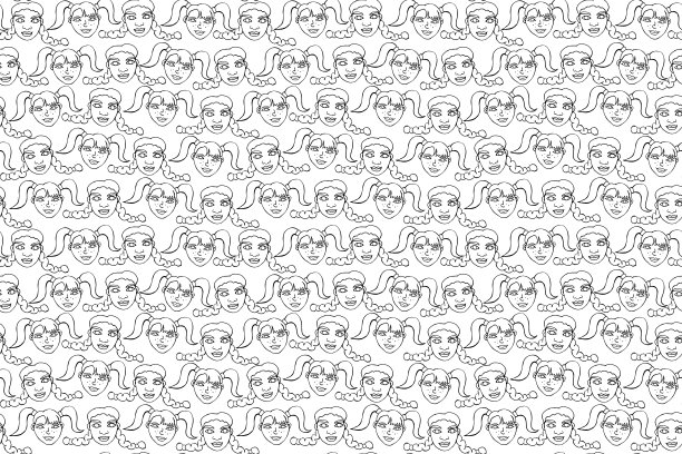 无缝图案与卡通人脸矢量人。手绘线条艺术插图。轮廓涂鸦头的女人，女孩。纹理背景下图片下载