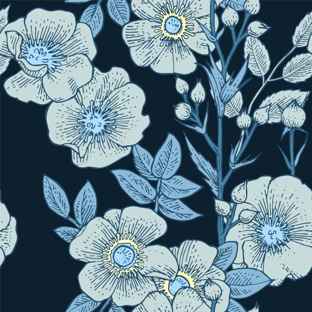 玫瑰果花。墙纸和织物的无缝图案。背景说明。手绘轮廓。园林植物的开花抽象工厂图片。向量图片下载