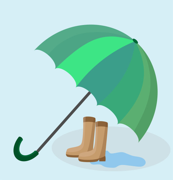 一把绿伞下有一双胶靴。雨中的水坑。春天的天气和季节。向量。图片下载