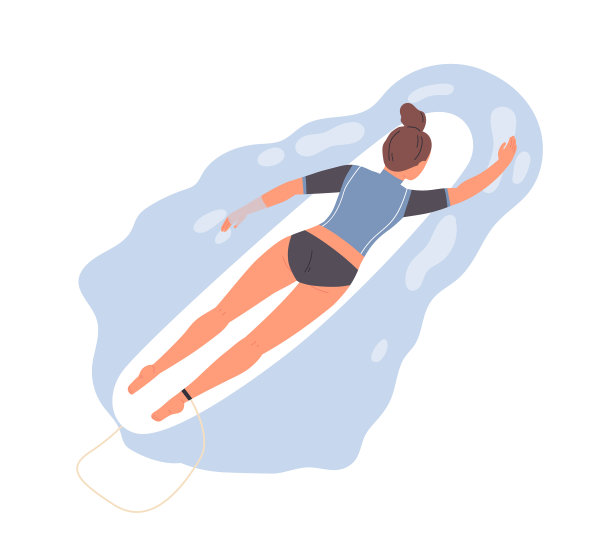 女职业冲浪运动员躺在冲浪板上图片下载