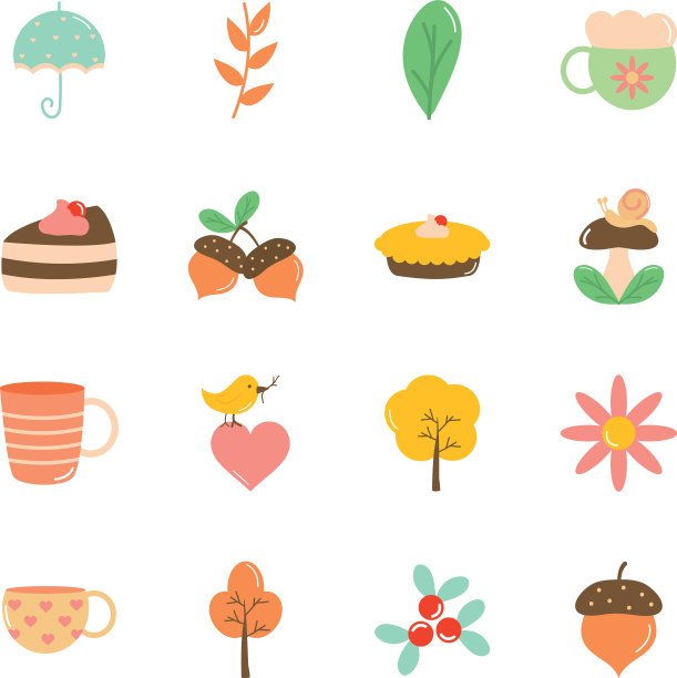 树和秋天的图标设置扁平风格图片下载