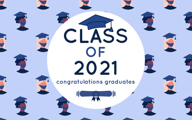 贺卡，2021年毕业生的横幅。2021级。Pattern with students in medical masks on a blue background and a white round frame with text in the style of flat。图片下载