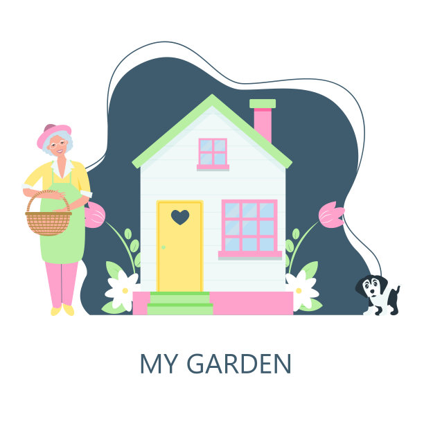 花园是我快乐的地方字母短语和园艺设备收集。女人园艺的爱好。家庭植物围裙护理中的老年白发女性性格及老年女性园艺爱好图片下载