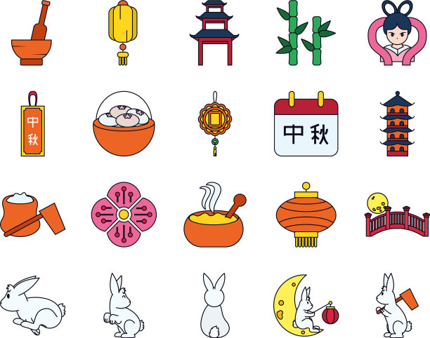 中秋节和中国灯笼的图标设置线和图片下载