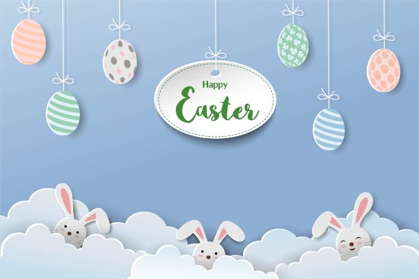 快乐的复活节概念与纸艺术复活节彩蛋和兔子在蓝天的背景图片下载