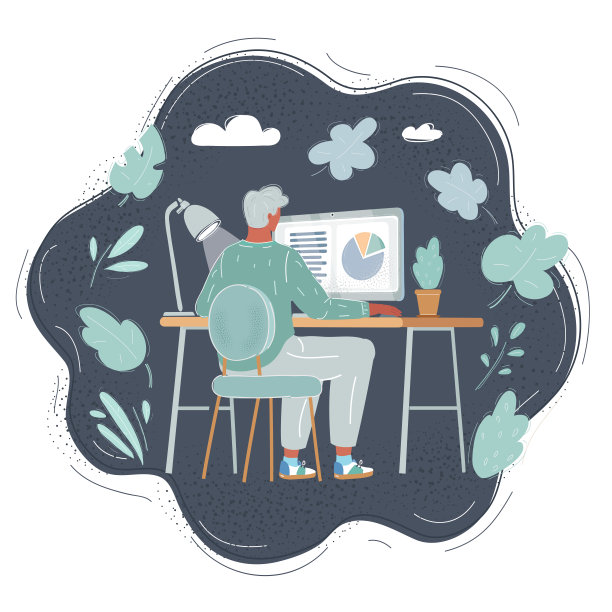 矢量插图后视图的人在他的办公桌。办公室或工作地点。人们在晚上工作。黑暗背景下的人性。图片下载