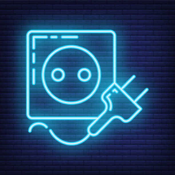 电源霓虹灯插座插座与插头连接器图标，概念电器装置平面线矢量插图艺术，孤立在黑色砖墙上。图片下载