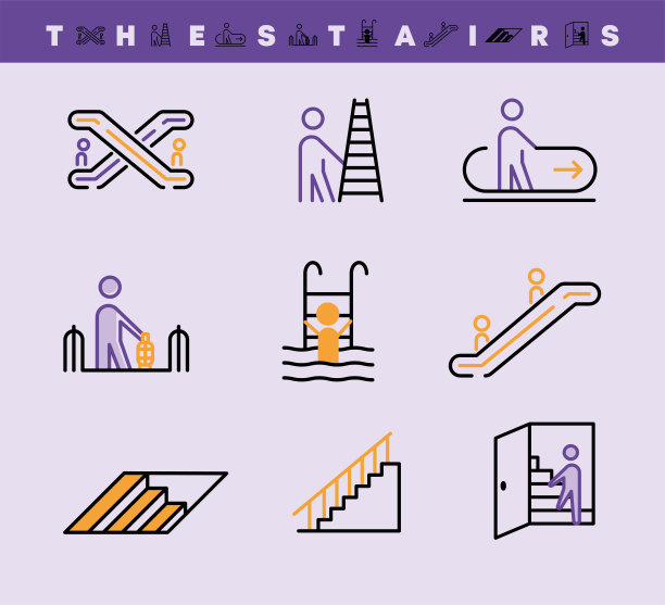 梯子的图标集。自动扶梯，楼下和自动扶梯楼梯图标设置。图片下载