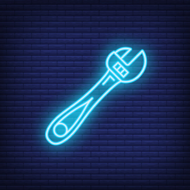 概念霓虹灯扳手施工工具图标，专业工具扳手工具箱平面线矢量图，孤立在黑色砌砖上。图片下载