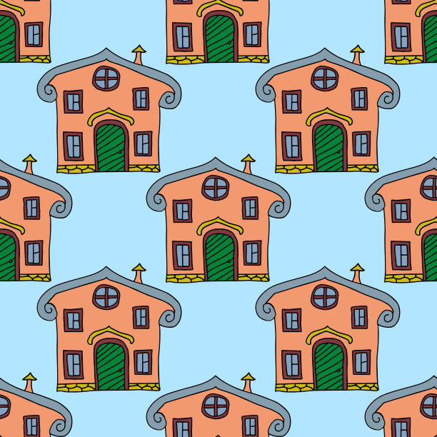 可爱幻想卡通涂鸦屋，建筑图案无缝衔接图片下载