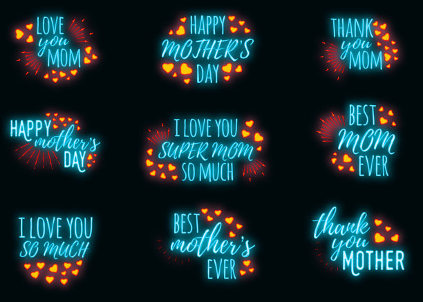 概念霓虹灯母亲节快乐横幅，标志，标签和海报，在砖砌背景矢量插图。字型问候、婚礼、庆典卡。图片下载