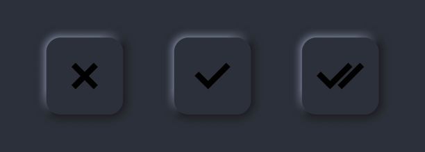 选中标记图标。复选标记图标。确认或勾选图标。交叉标记矢量插图。赞成或否定概念。网站符号。Neumorphic UI UX暗用户界面web按钮图片下载